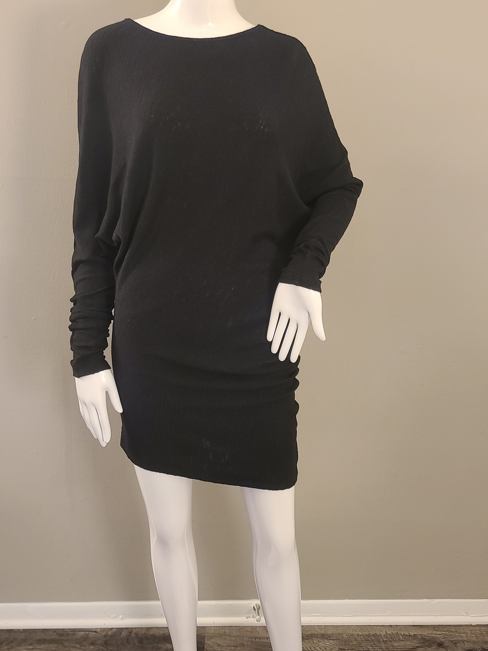 Three Dots Black Boatneck Long Sleeve Knit Mini Dress